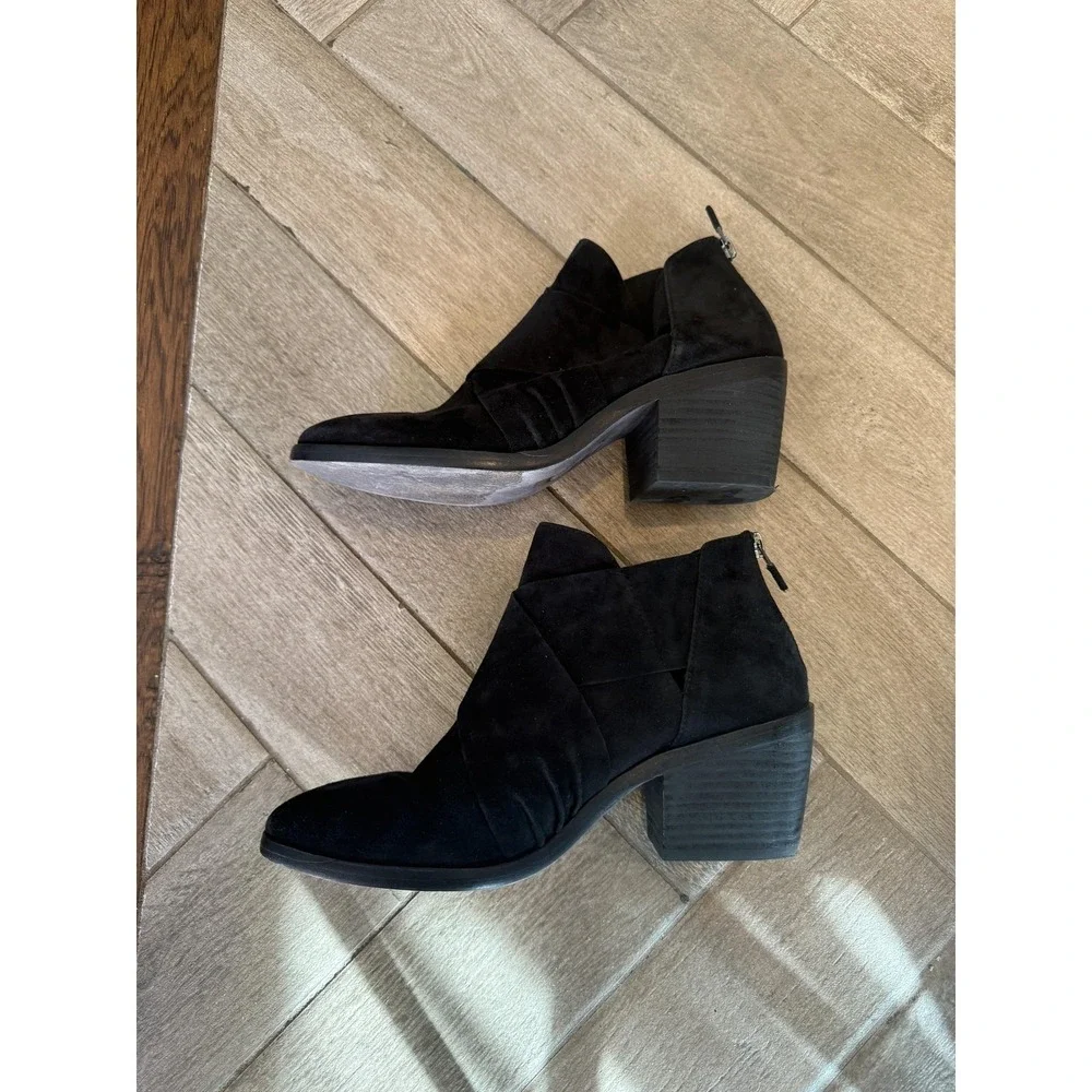 Eileen Fisher Boots Womens 7 Black Suede Ankle Booties Back Zip Block Heel Class